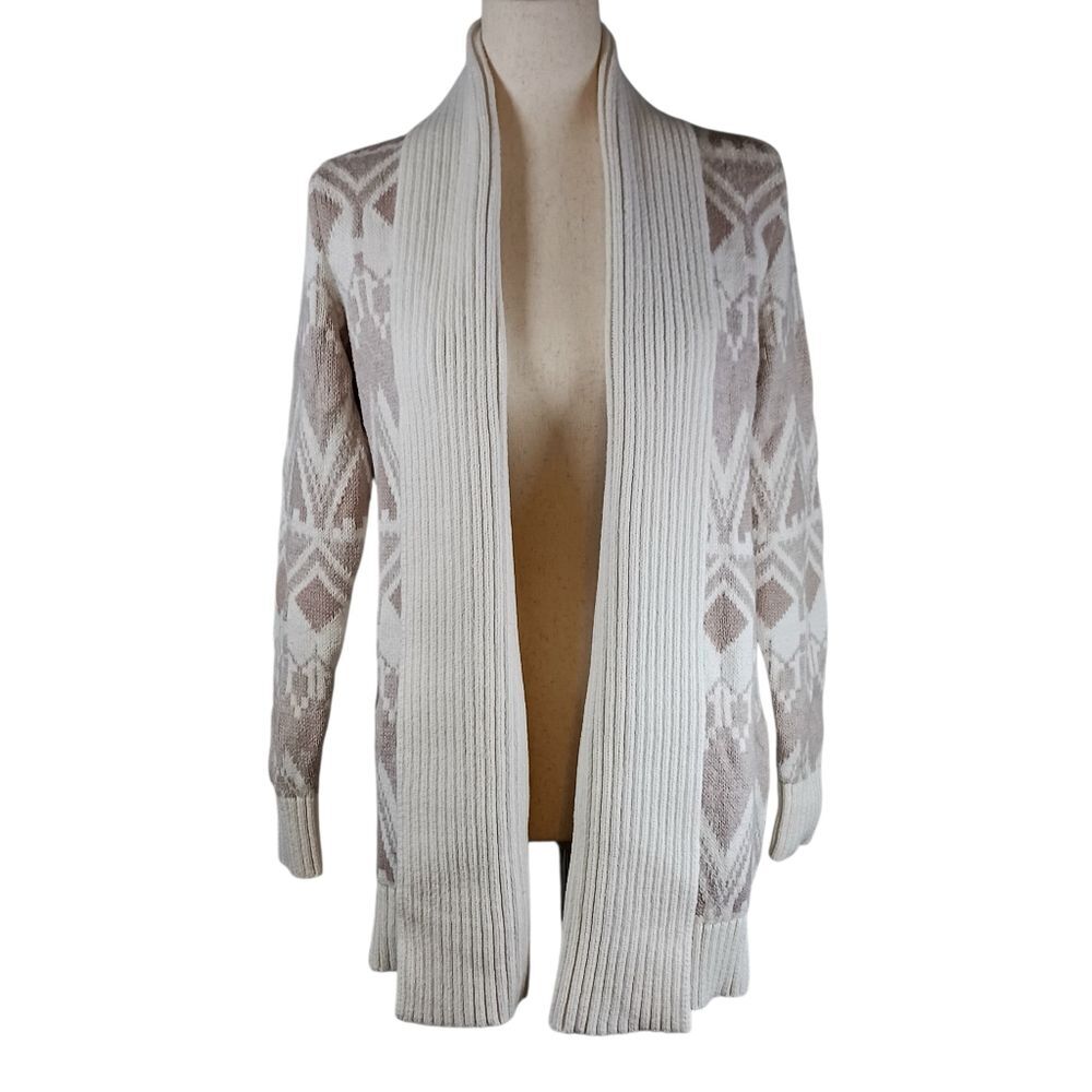 OLD NAVY Cotton Cardigan Fair Isle Sweater Long Open Shawl Collar Taupe Size S - Picture 2 of 12